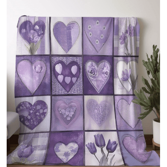 Plaid Love Floral Flannel Blanket, Purple Heart Multicolor Flower, Soft Warm All-Season, Machine Washable Retro Style, for Bed Sofa Car Camping, Ideal Gift