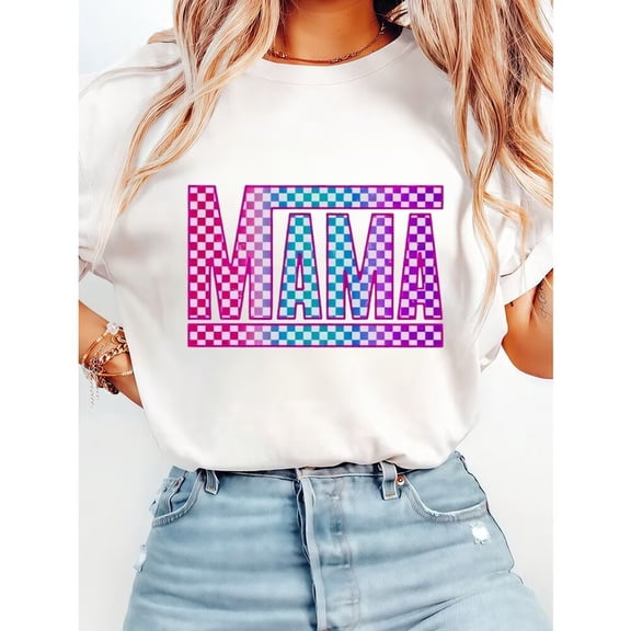 Plaid Mama Letter Print Tshirts Mom Life Graphic Tees Short Sleeve Shirts Mother's Gift Casual Tops for Holiday White,S