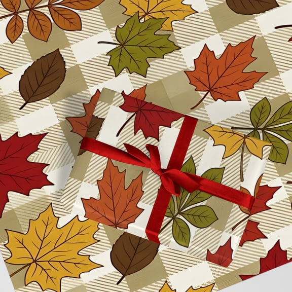 Plaid Maple Leaf Fall Wrapping Paper, Autumn Foliage Print Gift Wrap for Thanksgiving Birthday Holiday Packaging