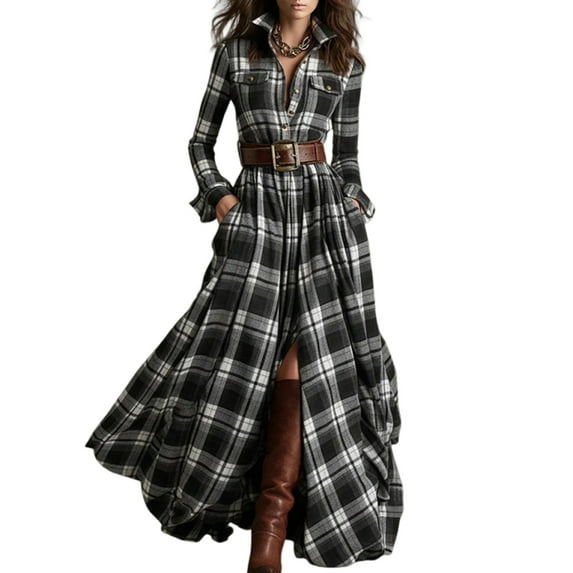 Plaid Maxi Dress for Women Long Dress Vintage V-Neck Long-Sleeve Pastoral Style Dress Black M