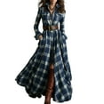 thumbnail image 1 of Plaid Maxi Dress for Women Long Dress Vintage V-Neck Long-Sleeve Pastoral Style Dress Navy 2XL, 1 of 4
