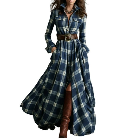 Plaid Maxi Dress for Women Long Dress Vintage V-Neck Long-Sleeve Pastoral Style Dress Navy 2XL