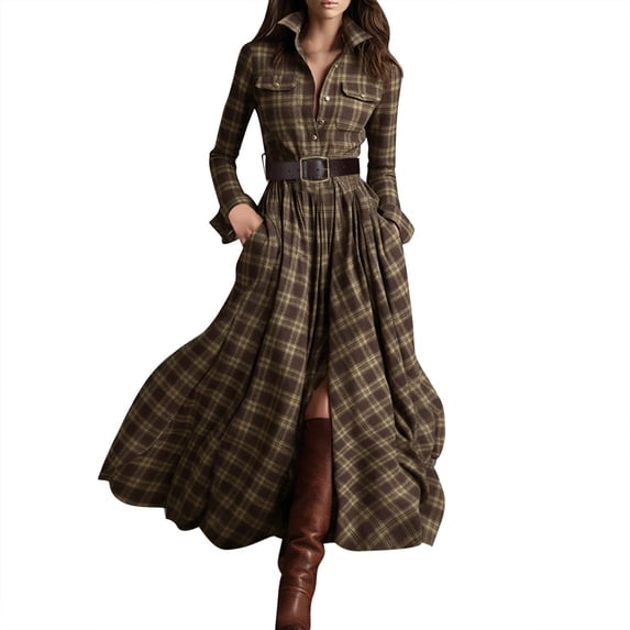 Plaid Maxi Dress for Women Vintage Long Sleeve V Neck Button Down Flowy Checkered Ruffle Maxi Shirt Dresses with Belt