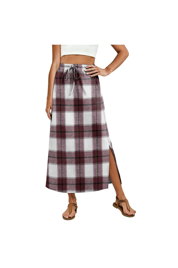 Plaid Maxi Skirt, Elastic High Waist Checkered Long Skirt with Pockets, Casual A-Line Side Slit Bottoms, Tartan Print