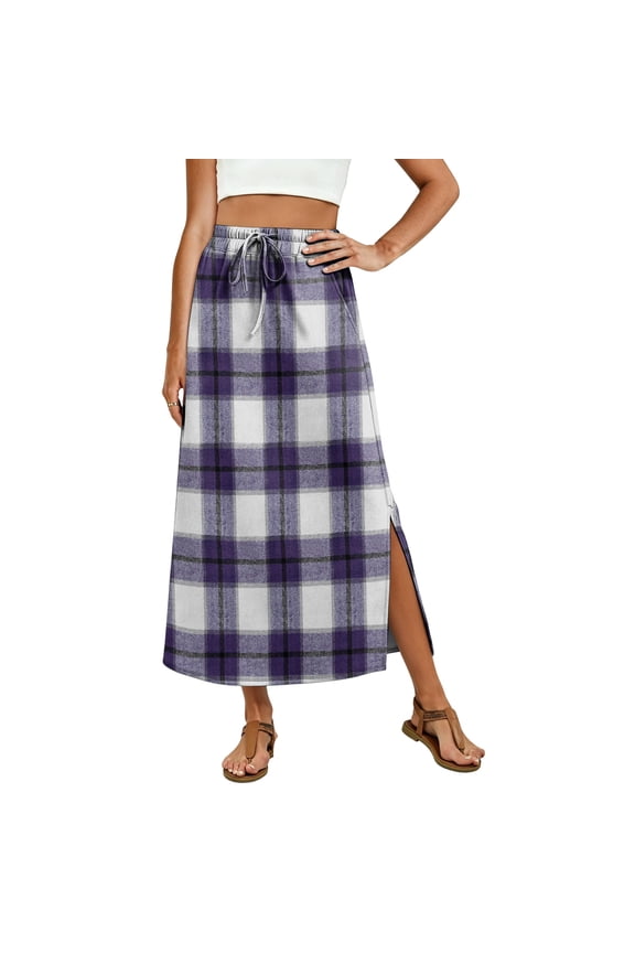 Plaid Maxi Skirt, Elastic High Waist Checkered Long Skirt with Pockets, Casual A-Line Side Slit Bottoms, Tartan Print