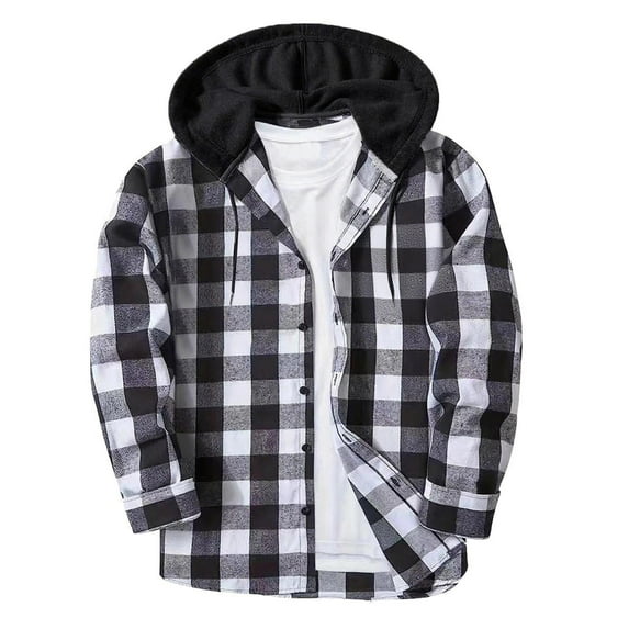 Plaid Men Jacket Button Down Gray Long Sleeve Shirt Hood Button-Up Casual Mens Coats Winter