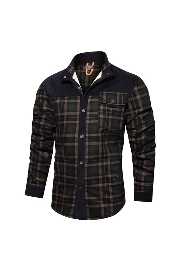 Plaid Mens Jacket Winter Corduroy Black Long Sleeve Jacket Warm Button-Up Fleece Fall Outerwear