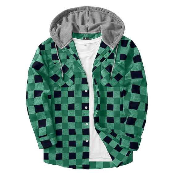 Plaid Mens Jacket Winter Green Button Down Hooded Shirt Fall Casual Button-Up Coat for Men