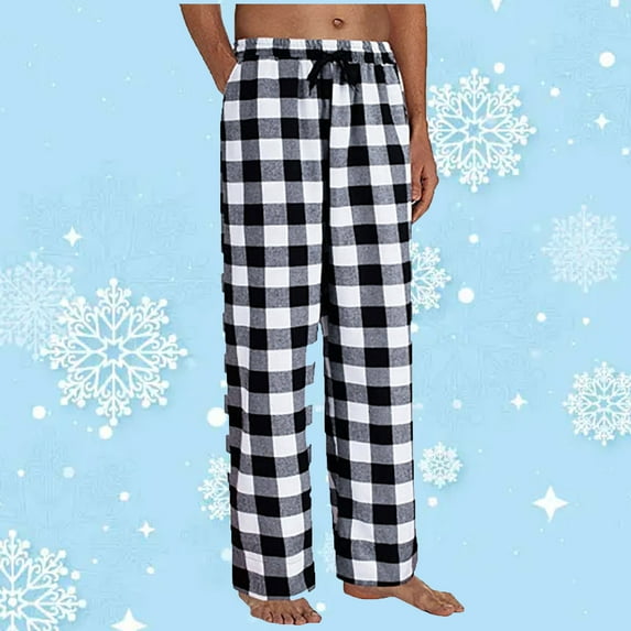 Plaid Mens Pajama Pants Fleece Lounge PJ Bottoms Warm Sleepwear Pants with Drawstring Pockets White XL
