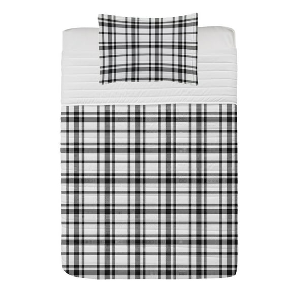Plaid Microfiber Bedspread Set, Black and White Tartan Pattern Graphic Grid Art Design with Traditional Influences, Soft Bedding Set with Pillow Shams & Comforter, 3 Sizes, Black White, by Ambesonne