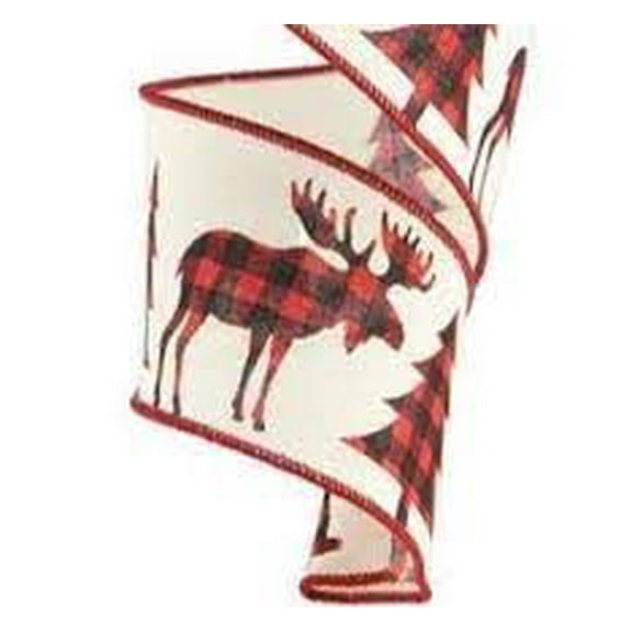 Plaid Moose, Bear, and Trees Wired Edge Ribbon, 2.5 Inches x 10 Yards (Cream)