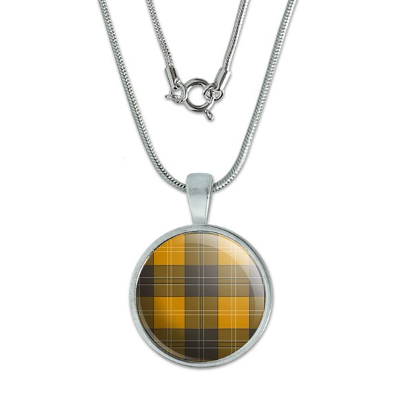 Plaid Mustard Yellow Gray Grey Pattern 0.75" Pendant with Sterling Silver Plated Chain