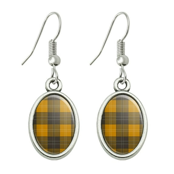 Plaid Mustard Yellow Gray Grey Pattern Novelty Dangling Drop Oval Charm Earrings