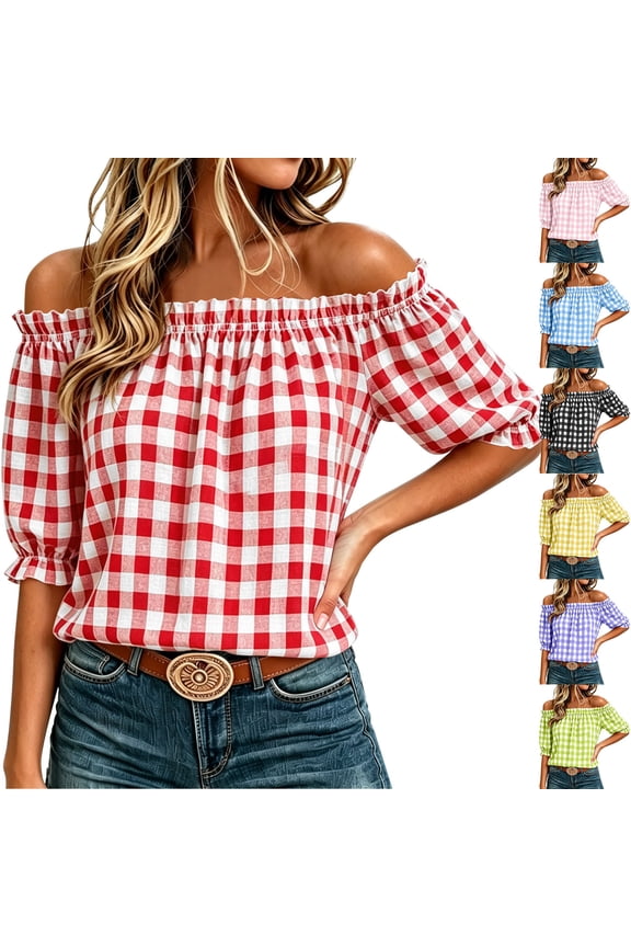 Plaid Off Shoulder Blouse For Women Plus Size Cute Fashion Boho Pullover Puff Mid Sleeve Ruffled Tops (2XL, Red)