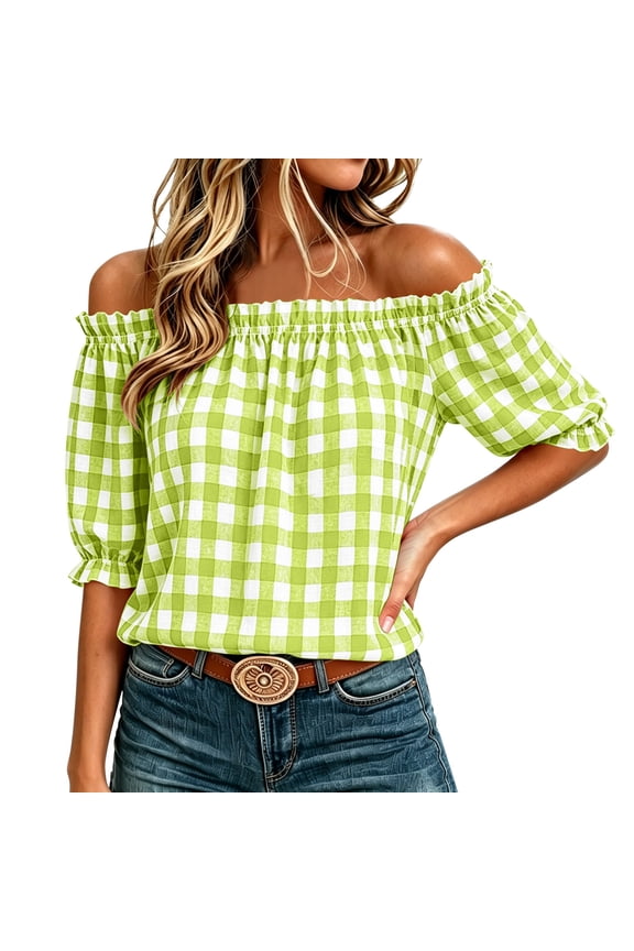 Plaid Off Shoulder Blouse For Women Plus Size Cute Fashion Boho Pullover Puff Mid Sleeve Ruffled Tops (XL, Green)