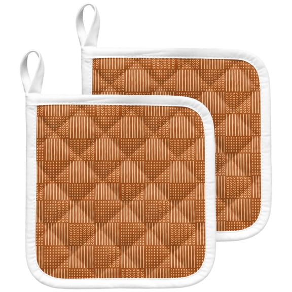 Plaid Orange Pot Holders for Kitchen Heat Insulation Potholder, Kitchen Pot Holders Sets Washable Oven Hot Pads Terry Cloth Trivet for Cooking Baking Modern Abstract Geometric Checkered Lines 2 Pack
