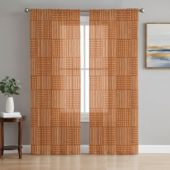 Plaid Orange Sheer Curtains 63 Inch Length 2 Panels Set, Modern Abstract Geometric Checkered Lines Voile Window Treatment Rod Pocket Curtains Sheers Drapes for Bedroom/Living Room/Kitchen 52x"63"x2