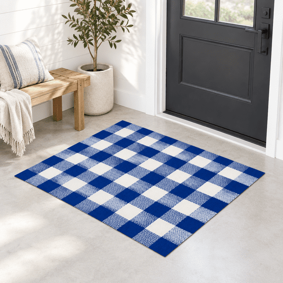 Eoutide Rugs Plaid Outdoor Rug 27.5x43 Blue And White Front Door Mat Layering For ...