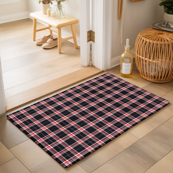 Plaid Overlays 2'x3' Small Rugs for Entryway Front Door Kitchen Sink Area, Minimalist Black Red Gingham Intersecting Band Soft Sturdy Mats Washable Non Slip Rectangle Area Rug