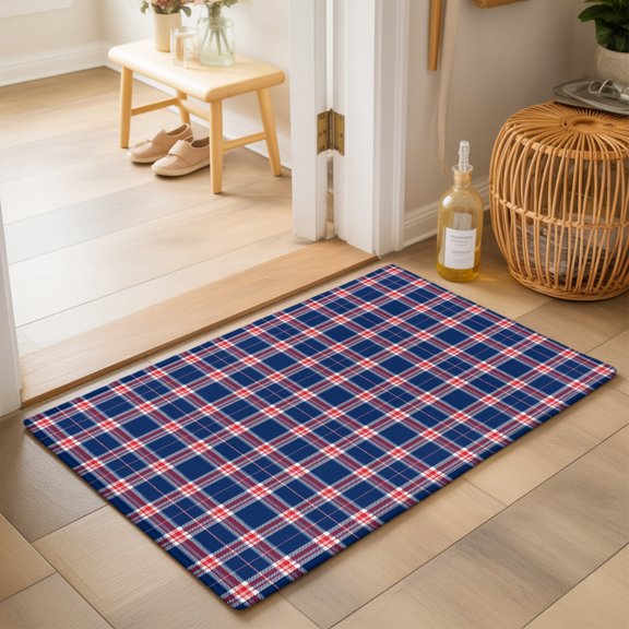Plaid Overlays 2'x3' Small Rugs for Entryway Front Door Kitchen Sink Area, Minimalist Blue Red Gingham Intersecting Band Soft Sturdy Mats Washable Non Slip Rectangle Area Rug