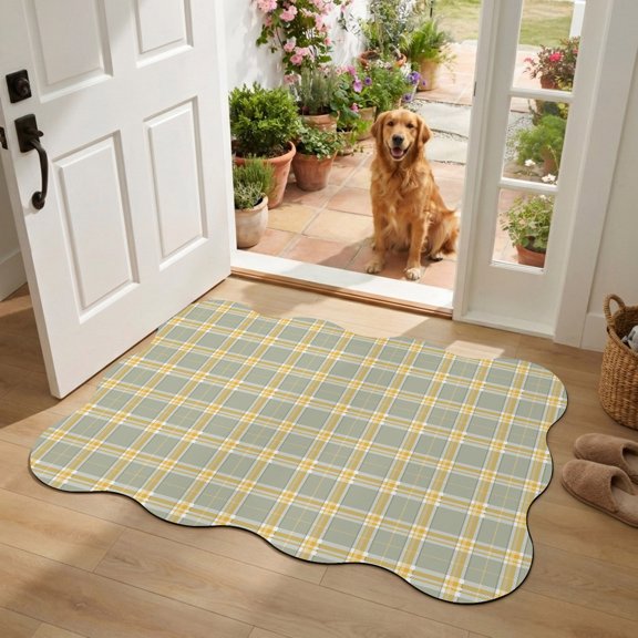 Plaid Overlays Diatomaceous Earth Bath Mat, Minimalist Green Yellow Gingham Intersecting Band Scalloped Non-Slip Quick Dry Door Mat Super Absorbent Bath Rug for Bathroom Kitchen Laundry 24x36in