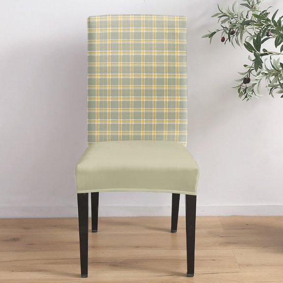 Plaid Overlays Dining Chair Covers Set of 1, Minimalist Green Yellow Gingham Intersecting Band Chair Covers for Dining Room Removable Seat Protectors Slipcovers for Home Party Wedding Banquet