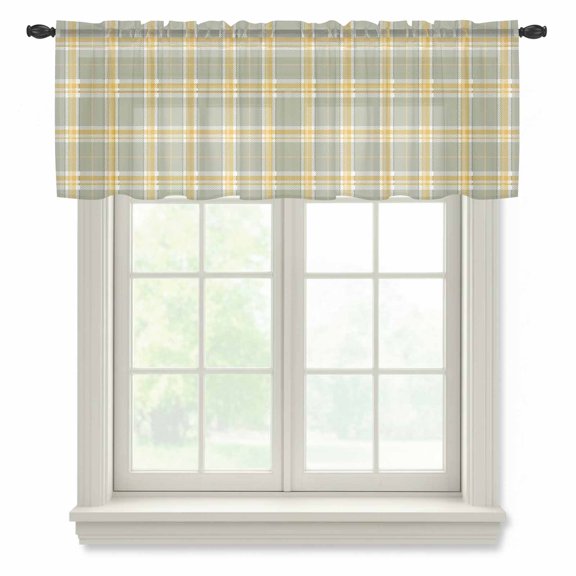 Plaid Overlays Sheer Valances for Windows, Minimalist Green Yellow Gingham Intersecting Band Semi Sheer Kitchen Valance Rod Pocket Small Voile Window Curtains for Living Room Bedroom 42 x 12 Inch