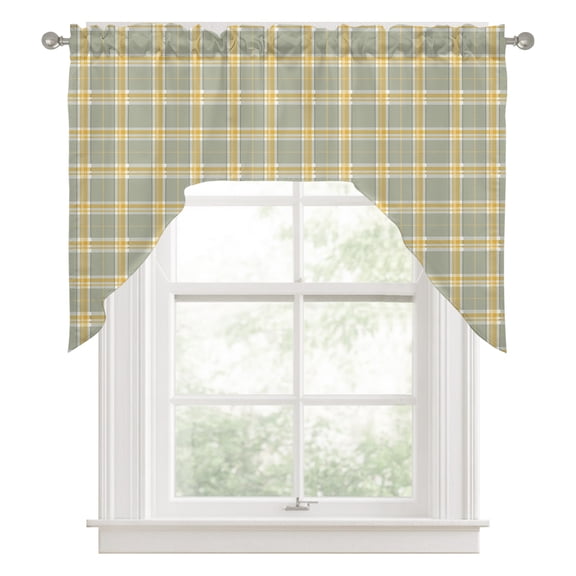 Plaid Overlays Swag Valances for Windows 56 x 36 Inch, Minimalist Green Yellow Gingham Intersecting Band Rod Pocket Light Filtering Window Topper for Kitchen Bathroom Bedroom Living Room
