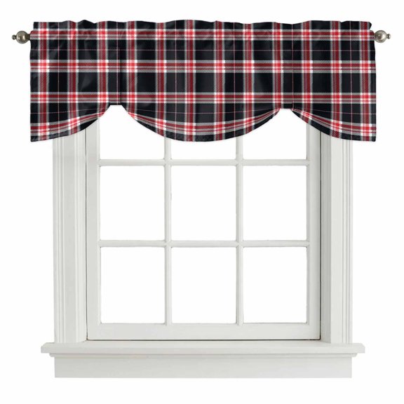 Plaid Overlays Tie Up Valances Curtain, Minimalist Black Red Gingham Intersecting Band Adjustable Valance for Window Light Filtering for Kitchen and Bathroom Rod Pocket 1 Panel 42x12in