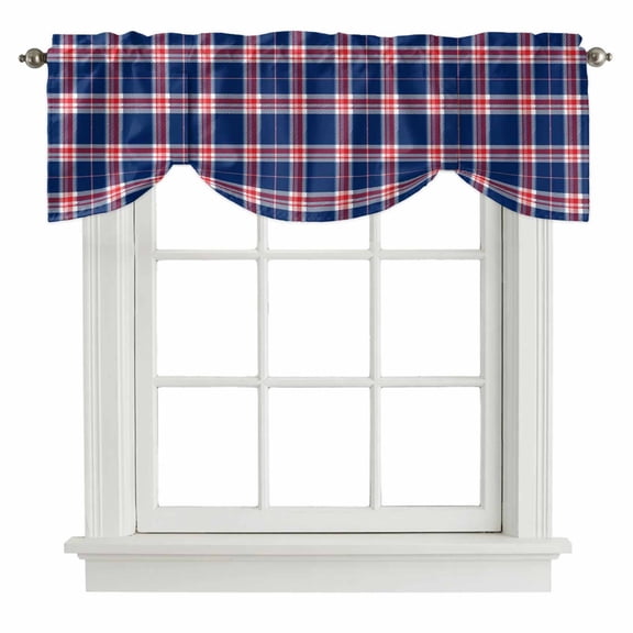 Plaid Overlays Tie Up Valances Curtain, Minimalist Blue Red Gingham Intersecting Band Adjustable Valance for Window Light Filtering for Kitchen and Bathroom Rod Pocket 1 Panel 42x12in