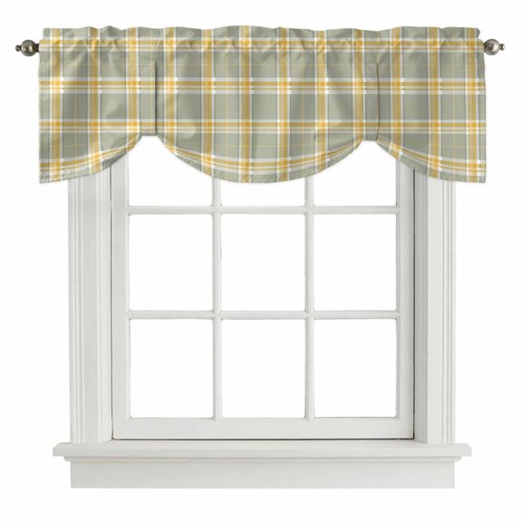 Plaid Overlays Tie Up Valances Curtain, Minimalist Green Yellow Gingham Intersecting Band Adjustable Valance for Window Light Filtering for Kitchen and Bathroom Rod Pocket 1 Panel 42x12in