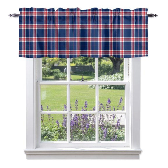 Plaid Overlays Valances for Windows, Minimalist Blue Red Gingham Intersecting Band Valance Window Treatment Rod Pocket Short Curtains Valances for Kitchen Bathroom 42"W x 12"L