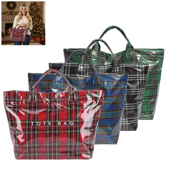 Plaid PVC Tote Bag for Women | Letters Print Plastic Handbag | Large Waterproof Shopping Tote | Glossy Kraft Paper Design, Hook-and-Loop Closure | Reusable Gift Bag for Travel, Work, Daily Use