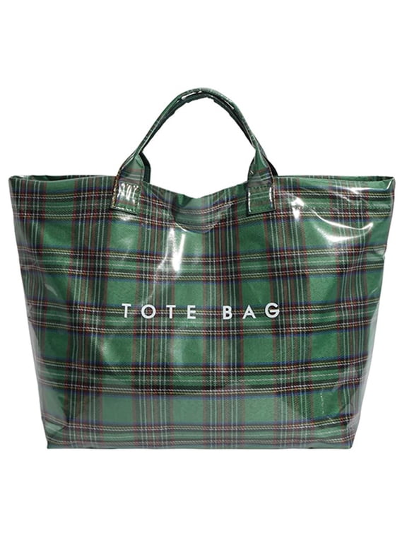Plaid PVC Tote Bag for Women, Waterproof Letters Print Handbag with Hook & Loop Closure, Large Capacity Christmas Gift Bag for Shopping, Work, and Travel