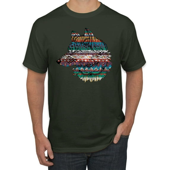 Plaid Paisley Retro Snow Wolf Animal Lover Graphic T-Shirt, Forest Green, Large