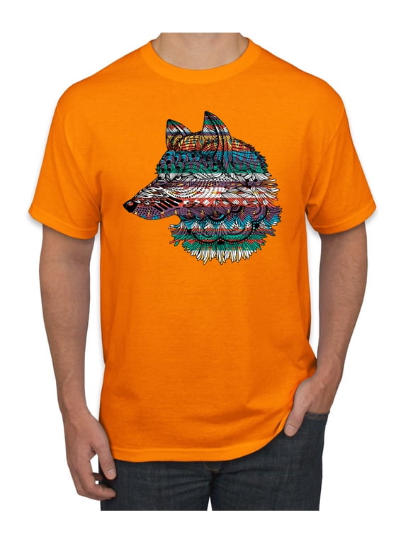 Plaid Paisley Retro Snow Wolf Animal Lover Graphic T-Shirt, Orange, X-Large