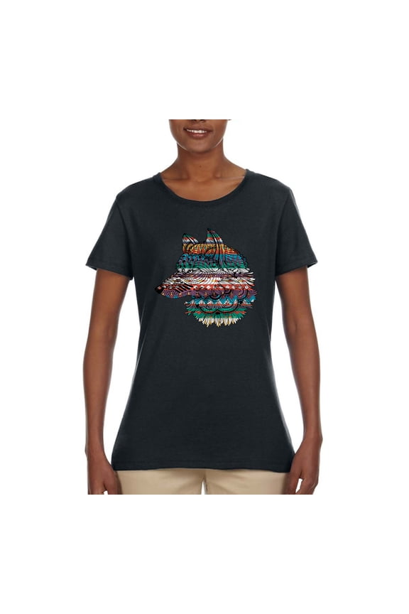 Plaid Paisley Retro Snow Wolf Animal Lover Womens Graphic T-Shirt, Black, X-Large