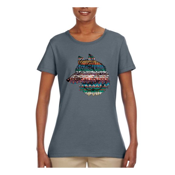 Plaid Paisley Retro Snow Wolf Animal Lover Womens Graphic T-Shirt, Charcoal, Medium