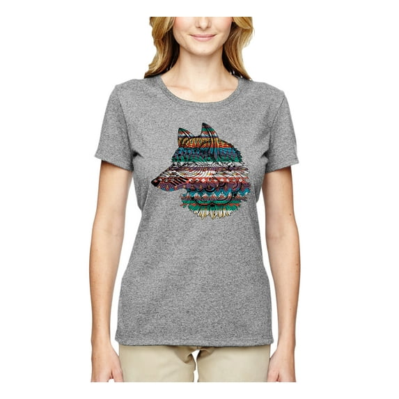 Plaid Paisley Retro Snow Wolf Animal Lover Womens Graphic T-Shirt, Heather Grey, X-Large