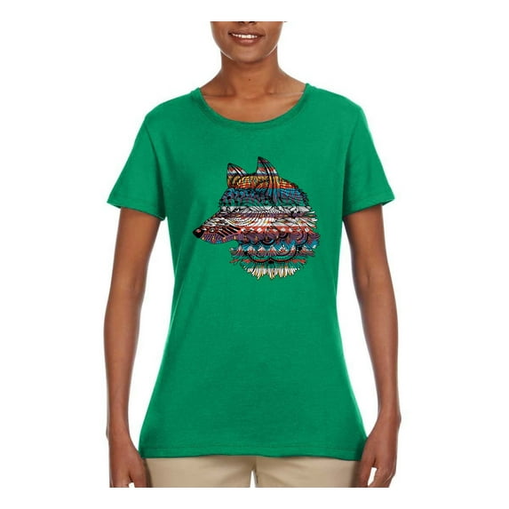 Plaid Paisley Retro Snow Wolf Animal Lover Womens Graphic T-Shirt, Kelly, Medium