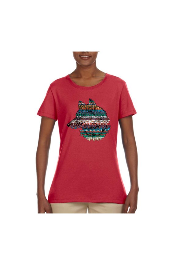 Plaid Paisley Retro Snow Wolf Animal Lover Womens Graphic T-Shirt, Red, Large
