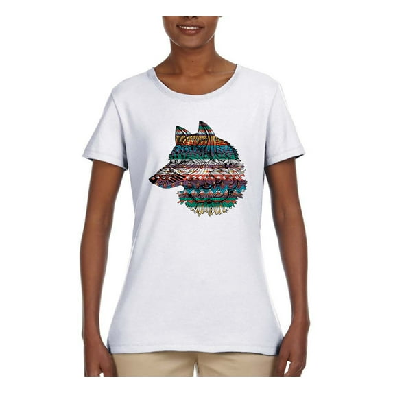 Plaid Paisley Retro Snow Wolf Animal Lover Womens Graphic T-Shirt, White, 3XL