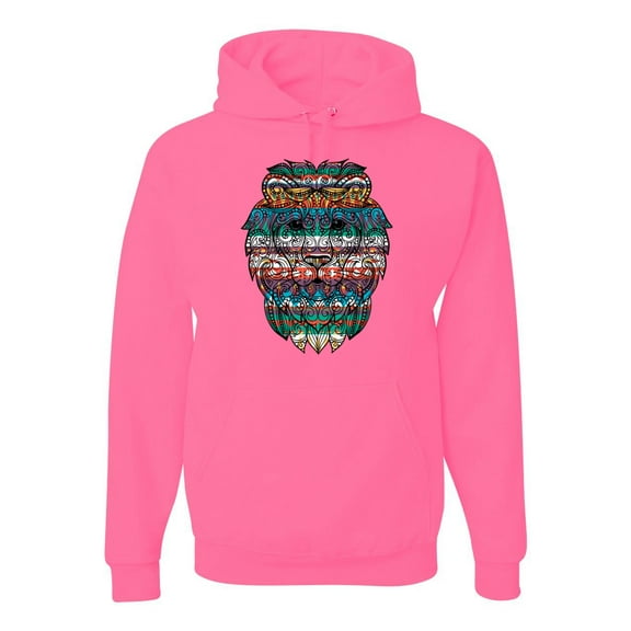 Plaid Paisley Retro Vintage African Lion Animal Lover Graphic Hoodie Sweatshirt, Neon Pink, Large