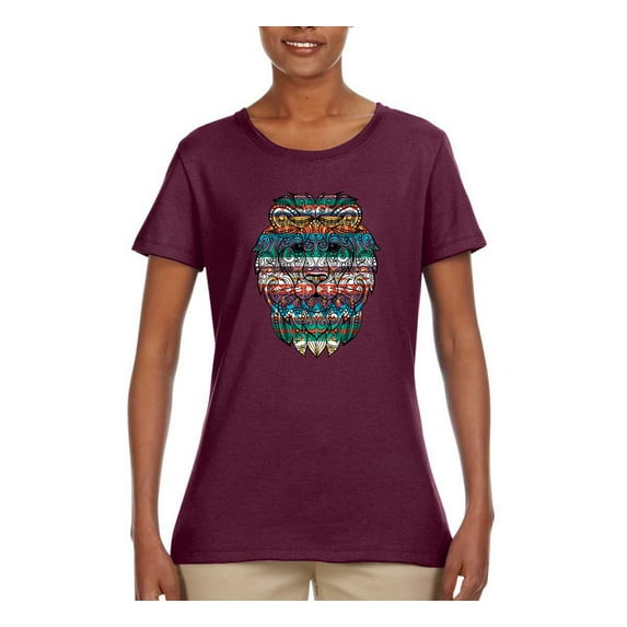 Plaid Paisley Retro Vintage African Lion Animal Lover Womens Graphic T-Shirt, Maroon, Small