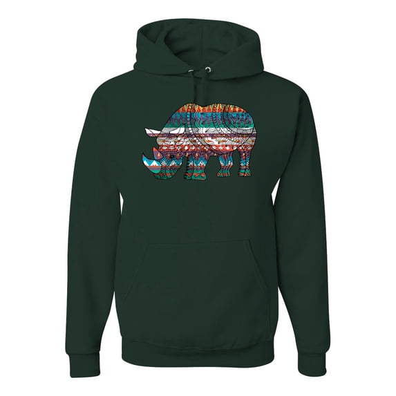Plaid Paisley Retro Vintage Rhino Animal Lover Graphic Hoodie Sweatshirt, Forest Green, 3XL