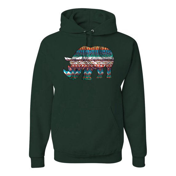 Plaid Paisley Retro Vintage Rhino Animal Lover Graphic Hoodie Sweatshirt, Forest Green, X-Large