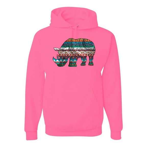 Plaid Paisley Retro Vintage Rhino Animal Lover Graphic Hoodie Sweatshirt, Neon Pink, Small