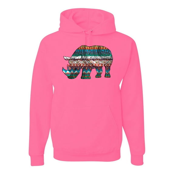 Plaid Paisley Retro Vintage Rhino Animal Lover Graphic Hoodie Sweatshirt, Neon Pink, Small