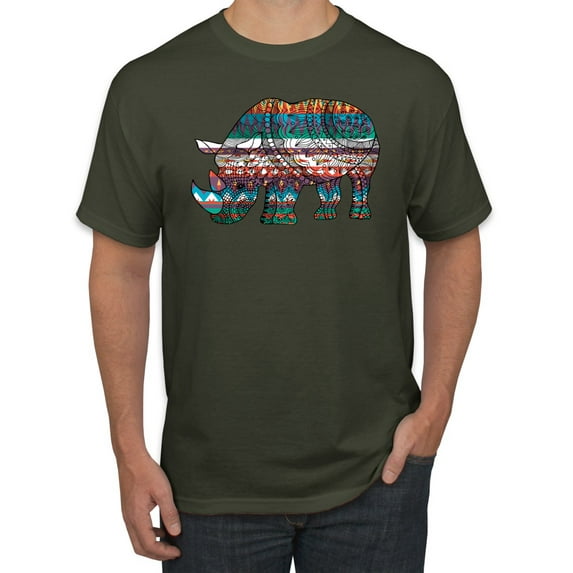 Plaid Paisley Retro Vintage Rhino Animal Lover Graphic T-Shirt, Military Green, 4XL