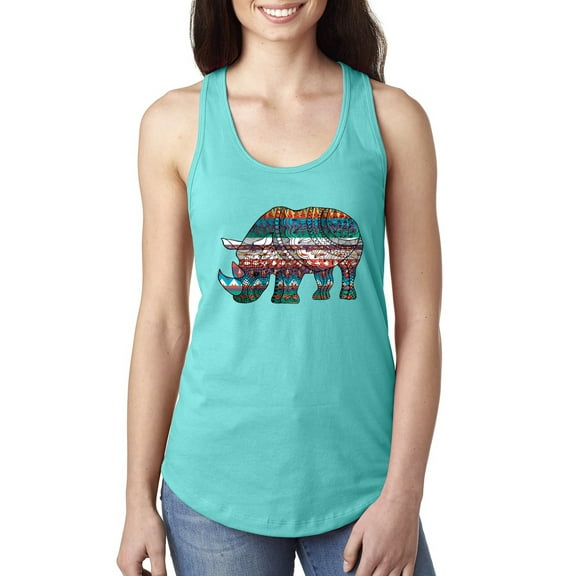 Plaid Paisley Retro Vintage Rhino Animal Lover Ladies Racerback Tank Top, Tahiti Blue, X-Large